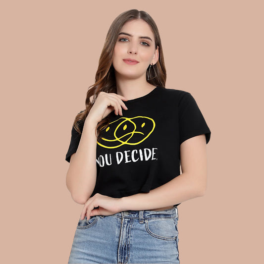 Women's Black Printed Crop Top – Half Sleeves Cotton T-Shirt