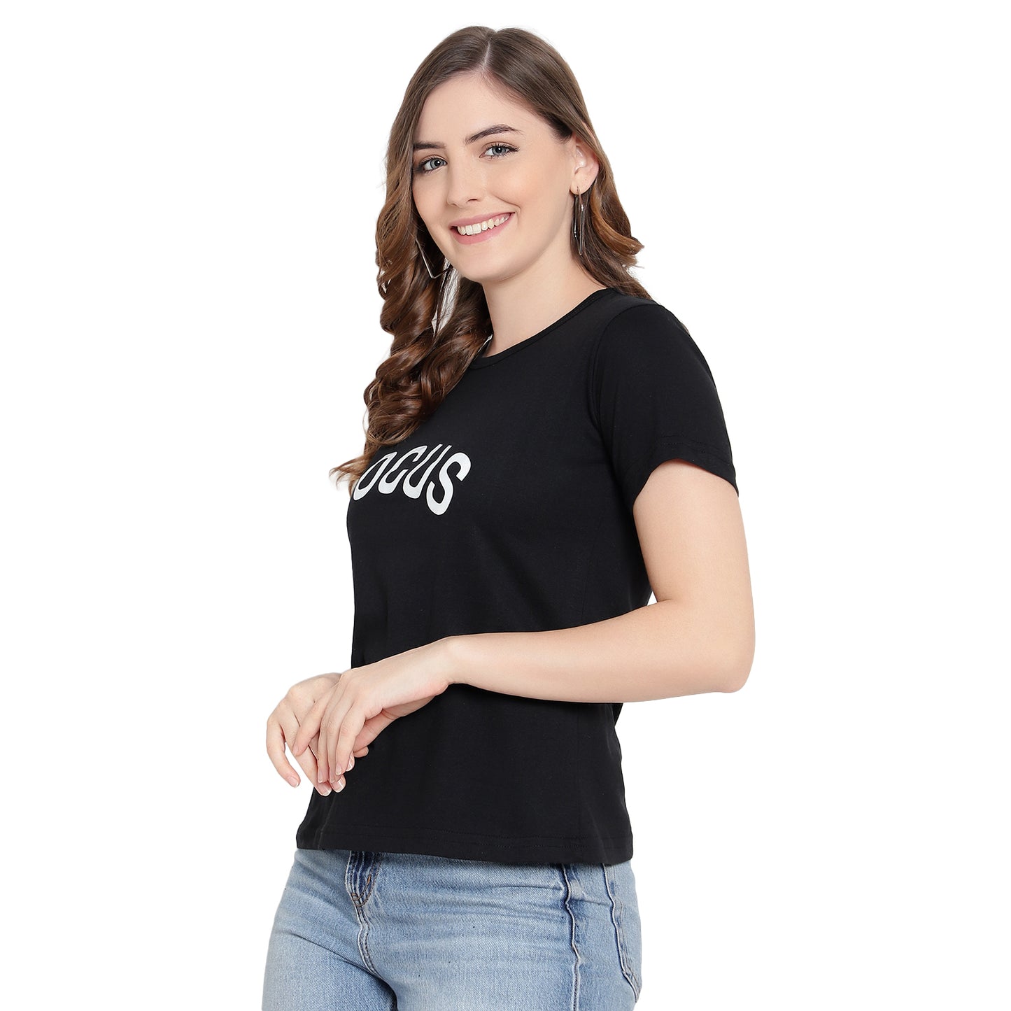 Women's Black Printed Round Neck Half Sleeves Cotton T-Shirt