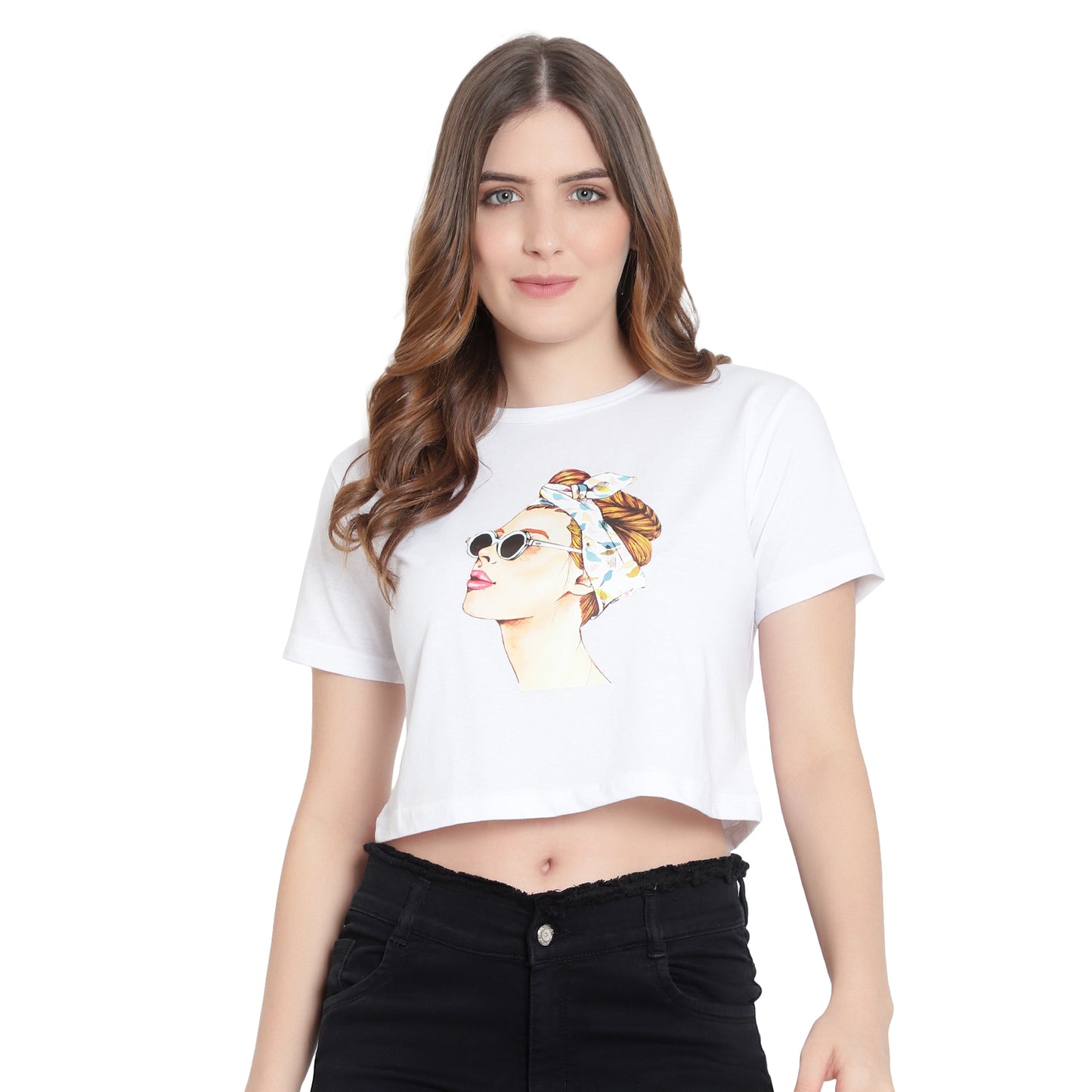 Women Black Printed Crop Top – Half Sleeves Cotton T-Shirt