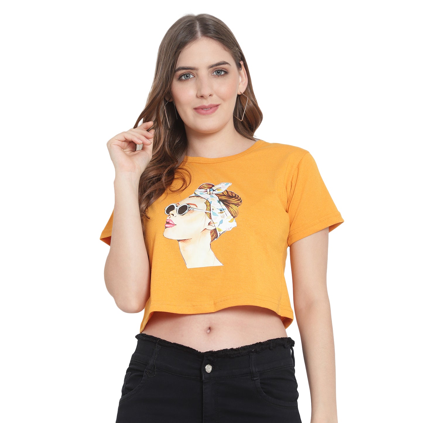 Women Black Printed Crop Top – Half Sleeves Cotton T-Shirt