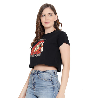 Women's Black Printed Crop Top – Half Sleeves Cotton T-Shirt