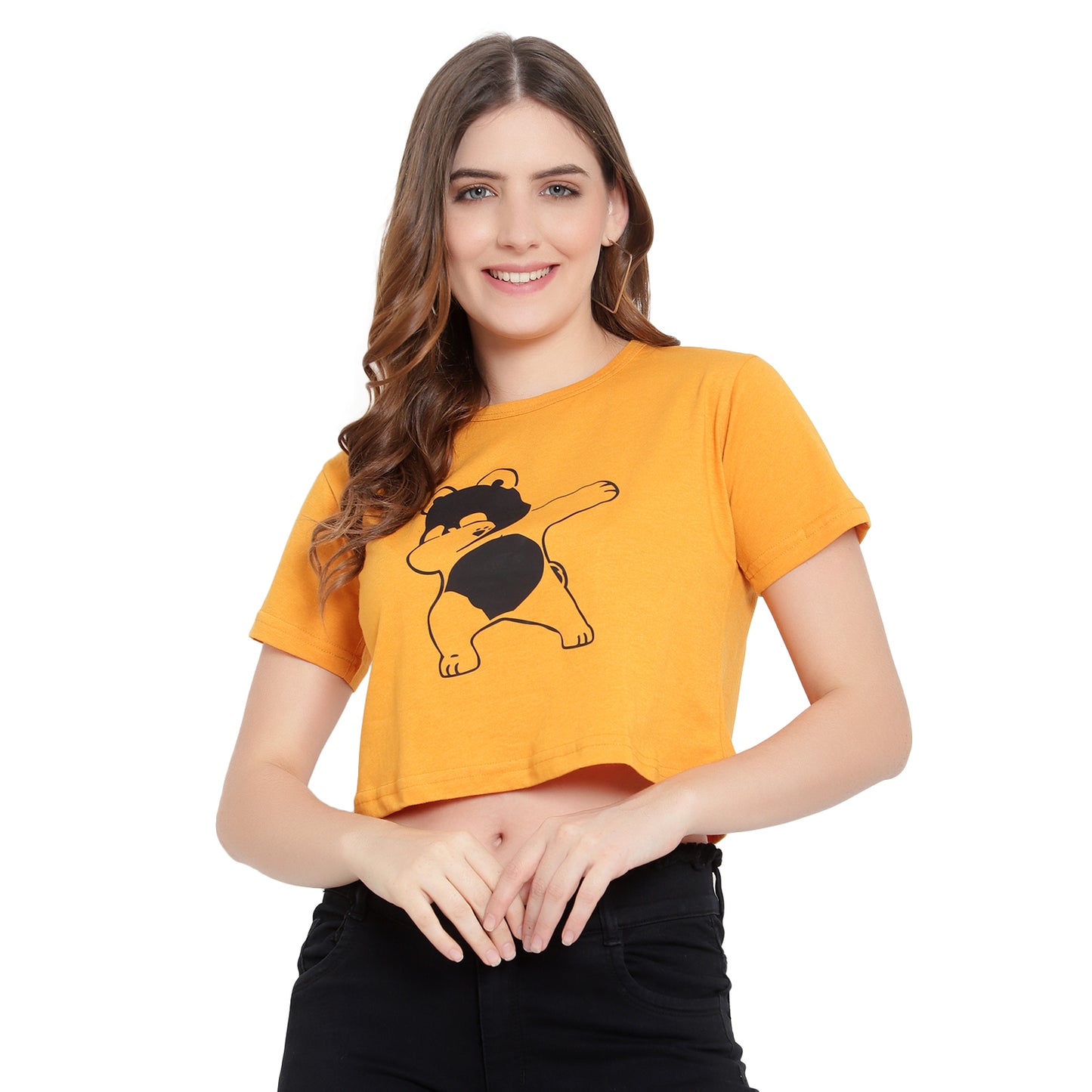 Women's Mustard Printed Crop Top | Trendy Cotton T-Shirt | Casual & Stylish Wear