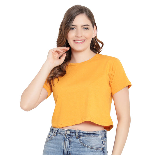 Women’s Mustard Plain Crop Top – Pure Cotton T-Shirt