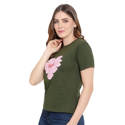 Women’s Olive Cotton Printed Half-Sleeve T-Shirt – Stylish & Comfortable