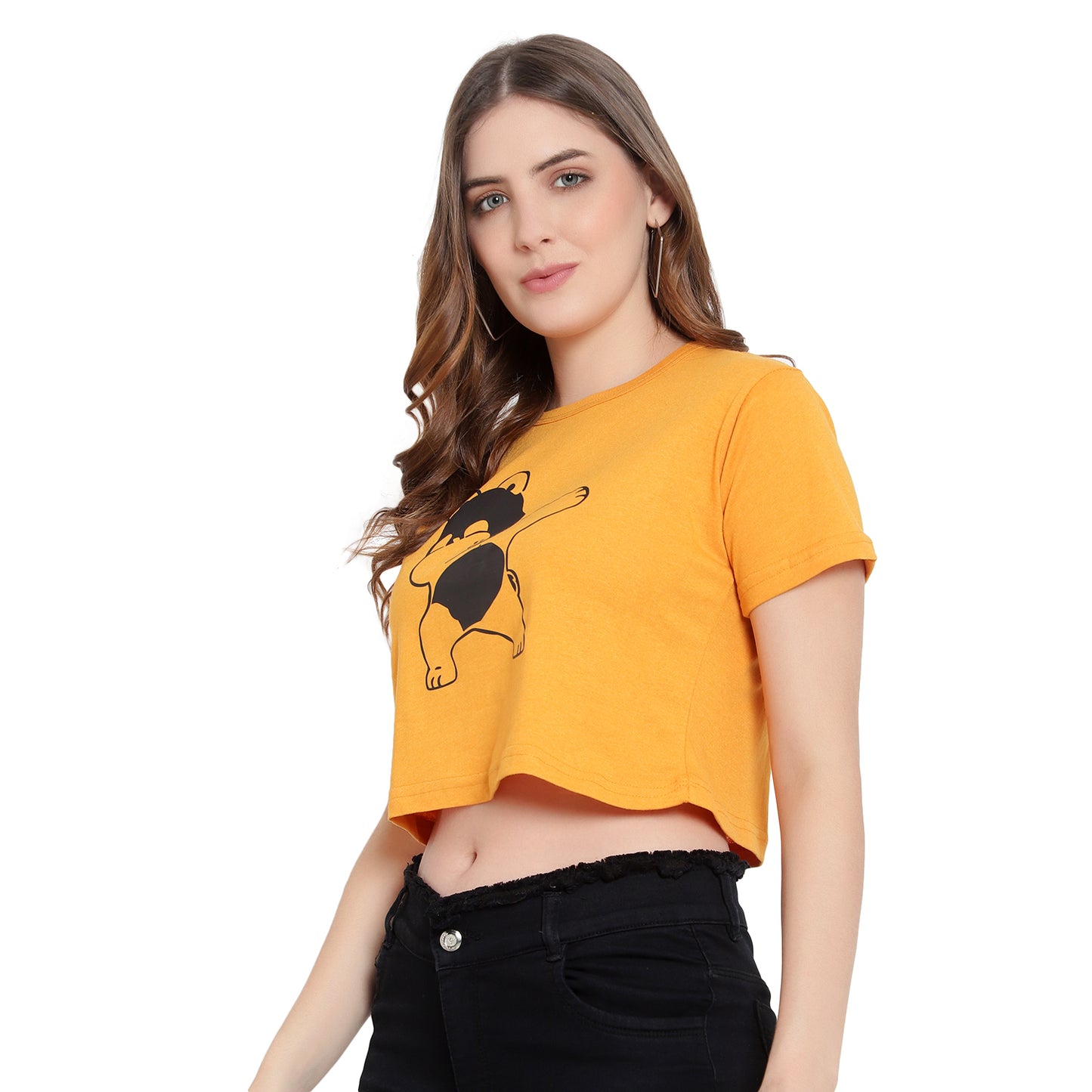 Women's Mustard Printed Crop Top | Trendy Cotton T-Shirt | Casual & Stylish Wear