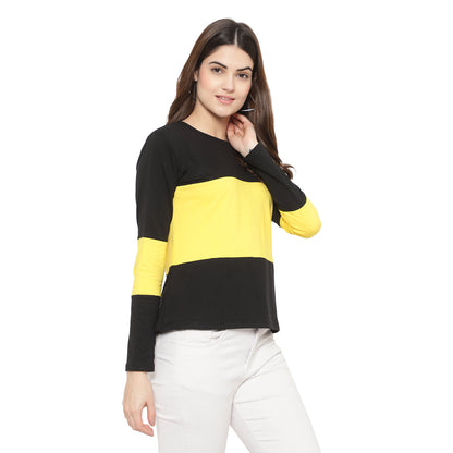 Women's Full-Sleeve Cotton Color Block T-Shirt – Trendy & Comfortable