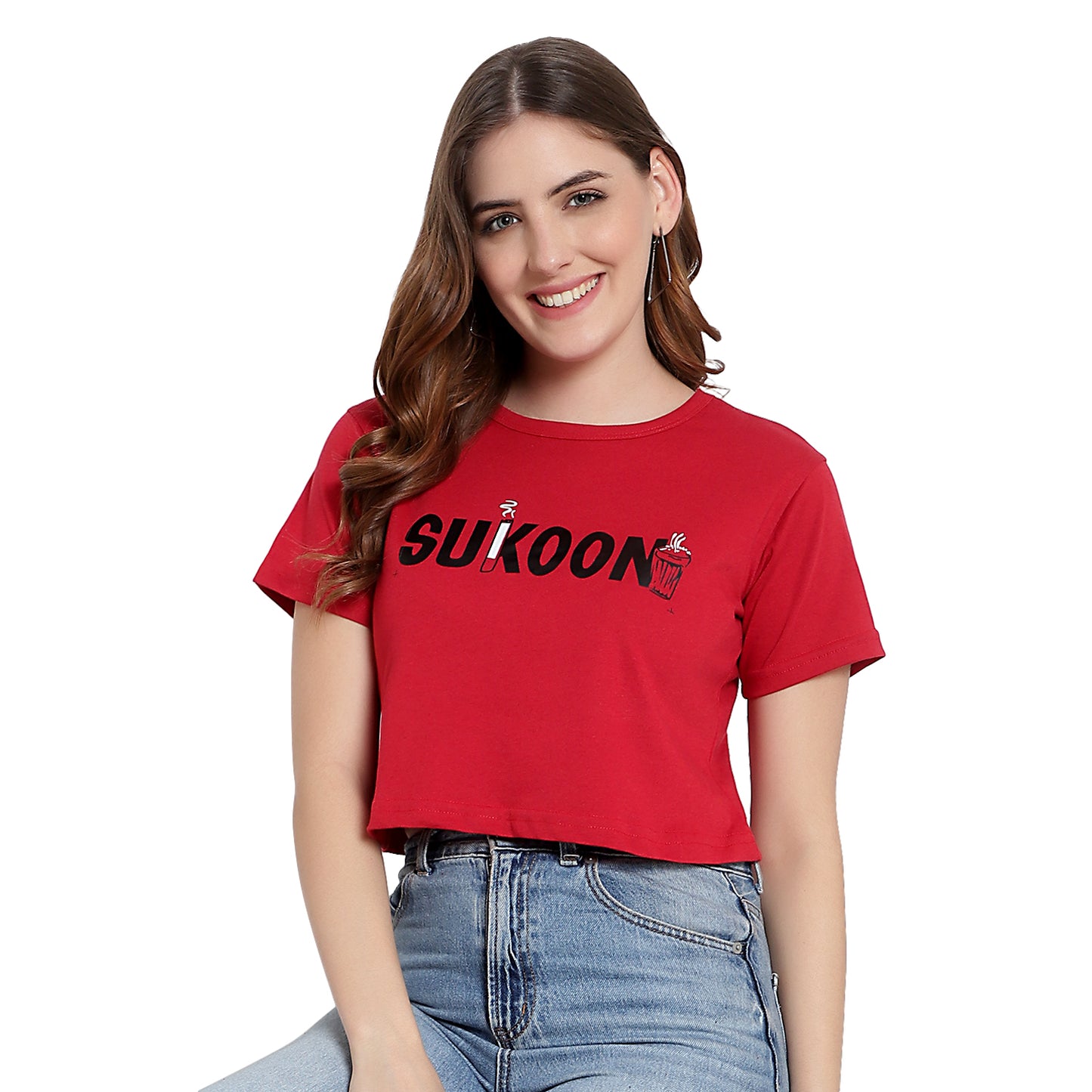 Women Red Printed Crop Top – Half Sleeves Cotton T-Shirt