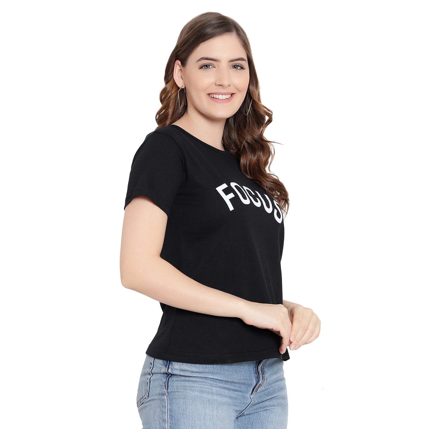 Women's Black Printed Round Neck Half Sleeves Cotton T-Shirt