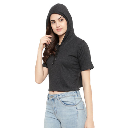 Women Half-Sleeve Crop Hoodie T-Shirt – Stylish & Comfortable Cotton Tee