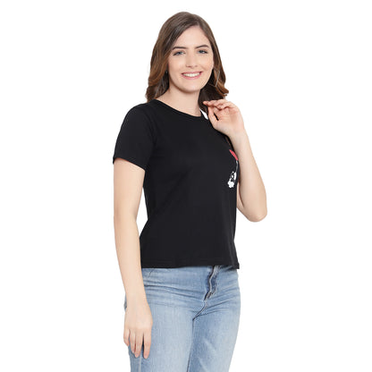 Women's Black Color Printed T-Shirt – Half Sleeves Cotton Tee