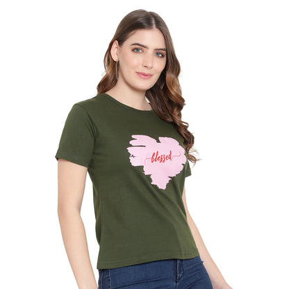 Women’s Olive Cotton Printed Half-Sleeve T-Shirt – Stylish & Comfortable