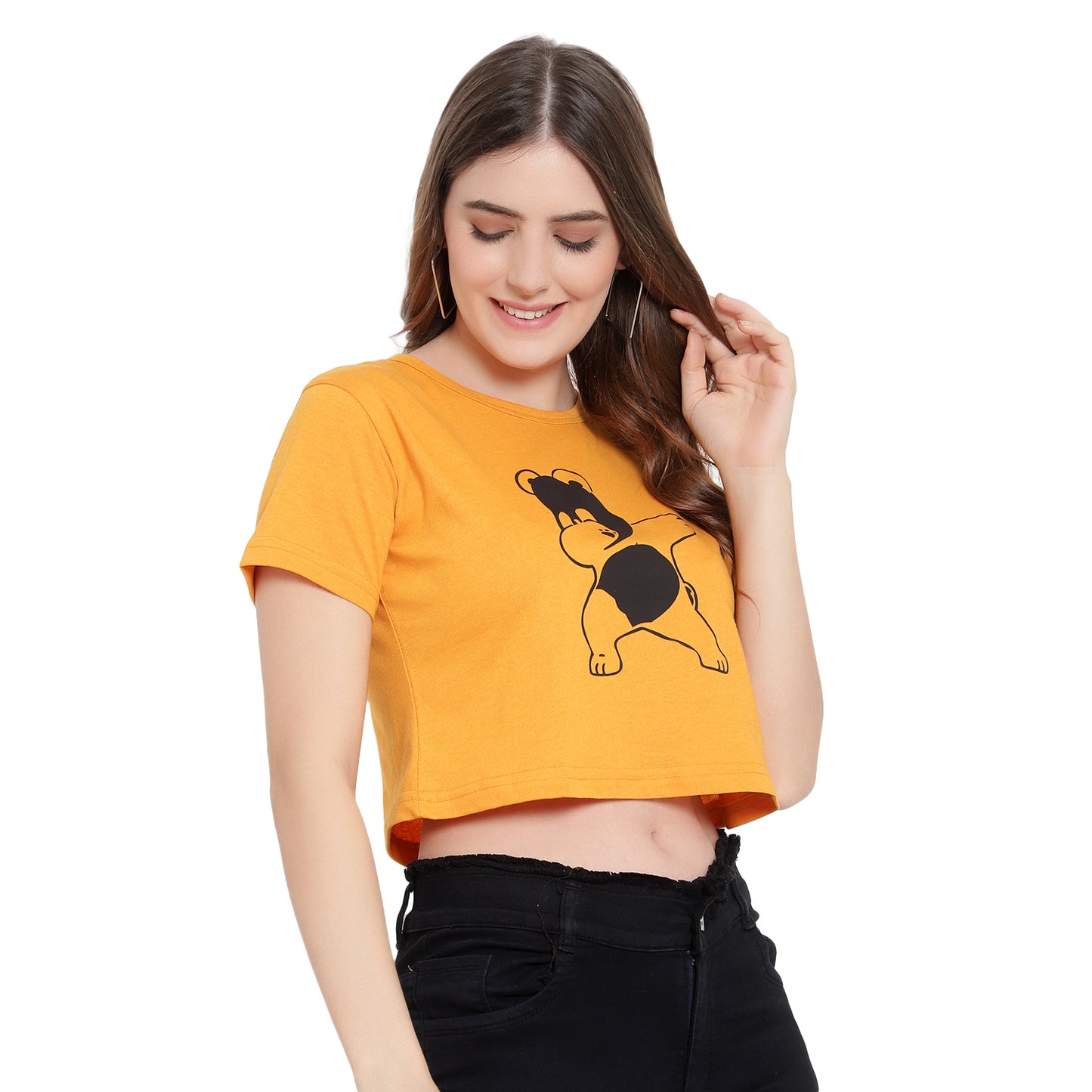 Women's Mustard Printed Crop Top | Trendy Cotton T-Shirt | Casual & Stylish Wear