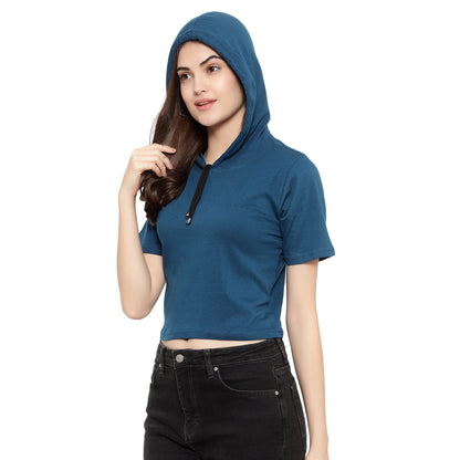 Women Half-Sleeve Crop Hoodie T-Shirt – Stylish & Comfortable Cotton Tee