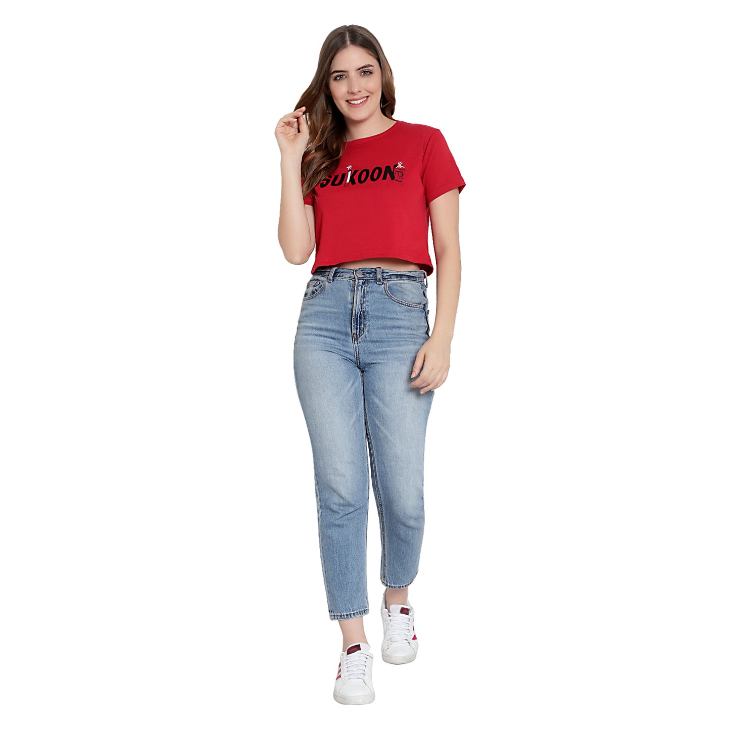 Women Red Printed Crop Top – Half Sleeves Cotton T-Shirt