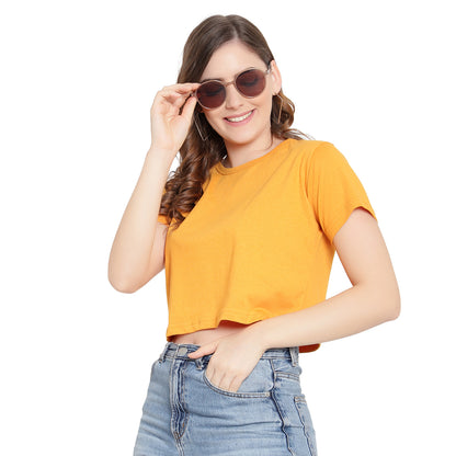 Women’s Mustard Plain Crop Top – Pure Cotton T-Shirt