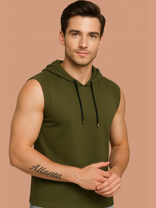 Men’s Olive Sleeveless Hoodie T-Shirt – Pure Cotton Sportswear