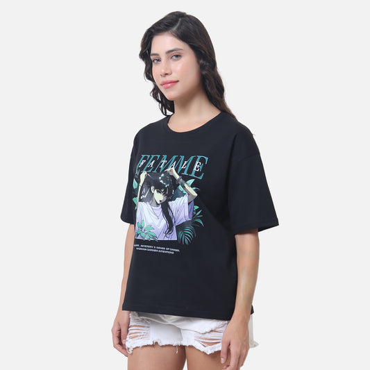 Women's Black Oversized Graphic T-Shirt with Artistic Design