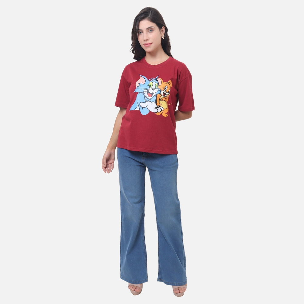 Tom and Jerry Classic Cartoon T-Shirt - Burgundy Red