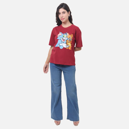 Tom and Jerry Classic Cartoon T-Shirt - Burgundy Red