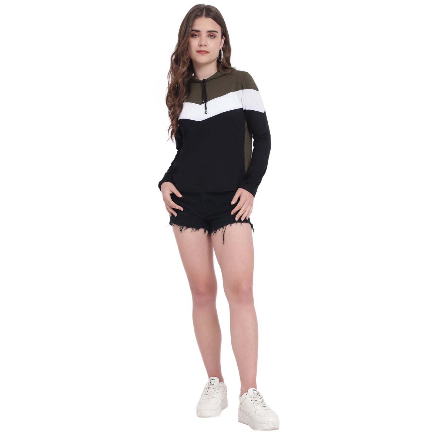 💚 Sleek. Soft. Statement – Olive Colorblock Hoodie T-Shirt for Women