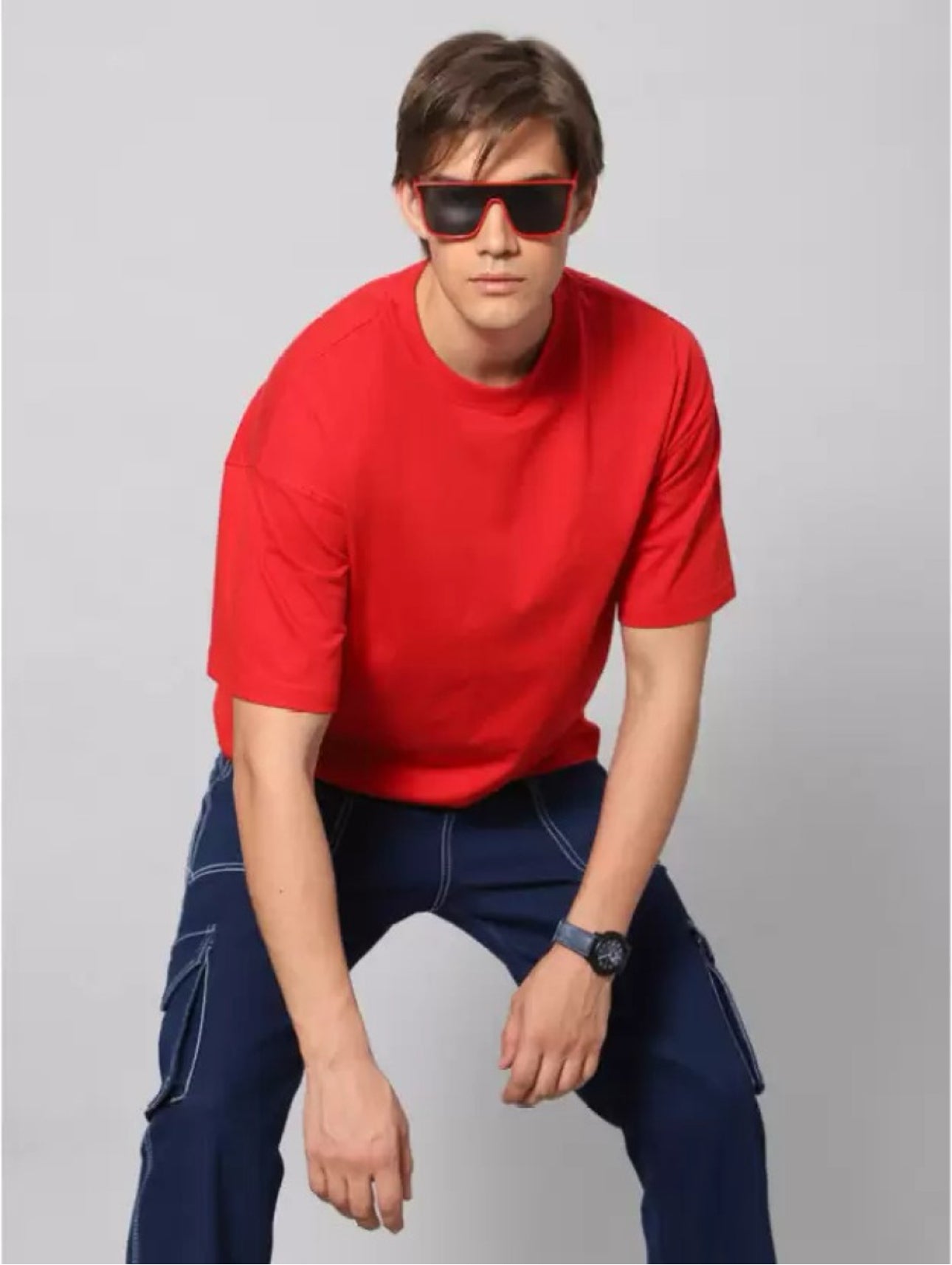 Men's Red Oversized T-Shirt | 3/4 Quarter Sleeves Cotton Tee