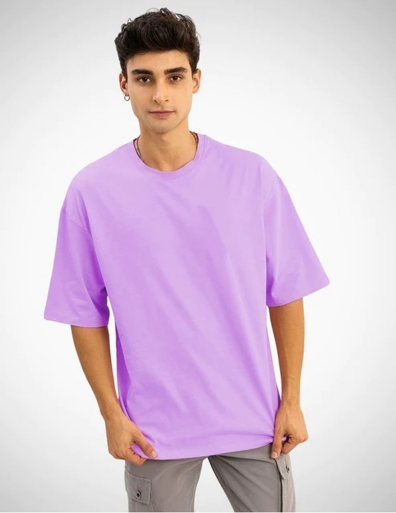 Men's Lavender Oversized 3/4 Quarter Sleeves Cotton T-Shirt