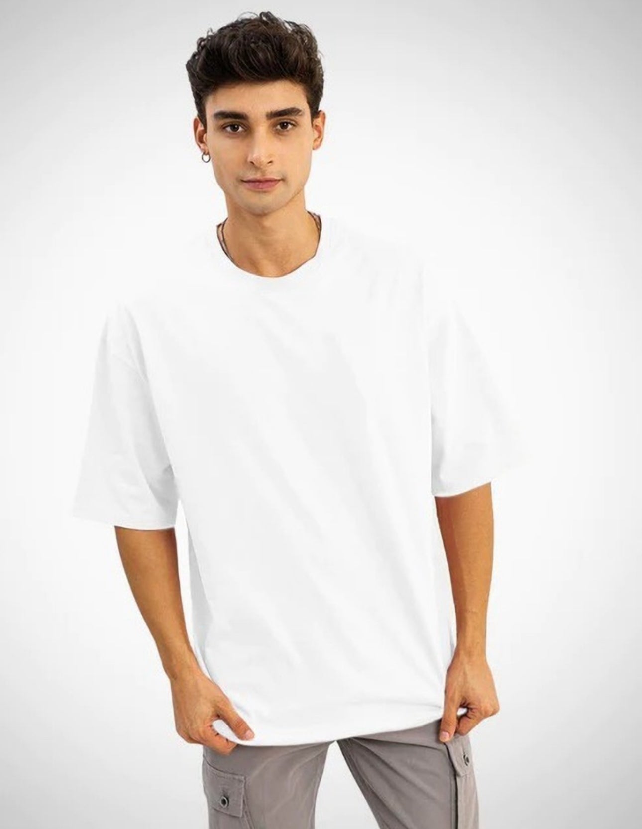 Men's White Oversized T-Shirt | 3/4 Quarter Sleeves Cotton Tee