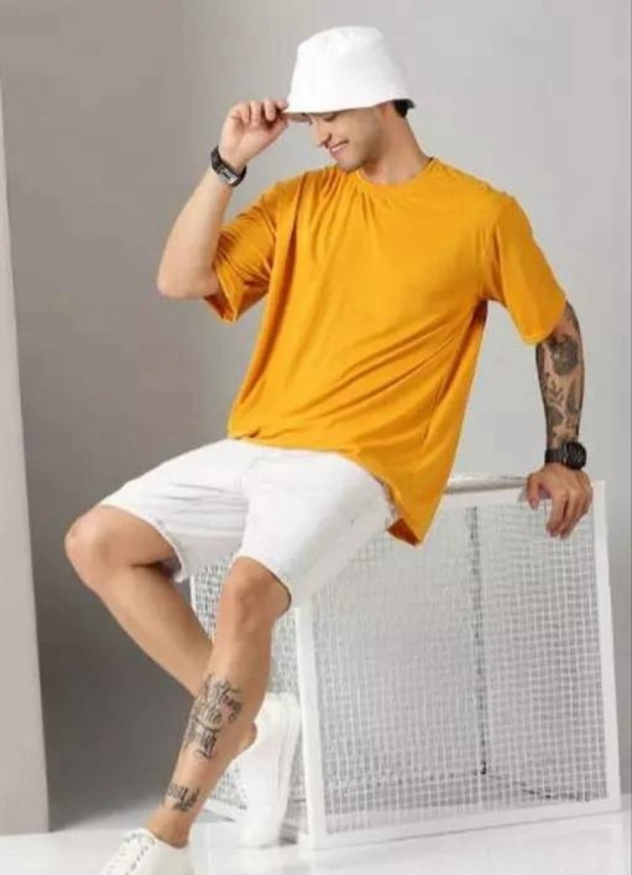 Men's Mustard Oversized T-Shirt | 3/4 Quarter Sleeves Cotton Tee