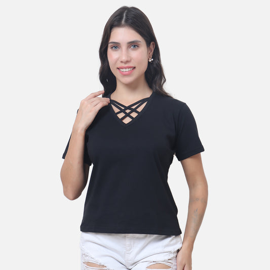 Chic Black Criss-Cross Neck T-Shirt Effortlessly Stylish