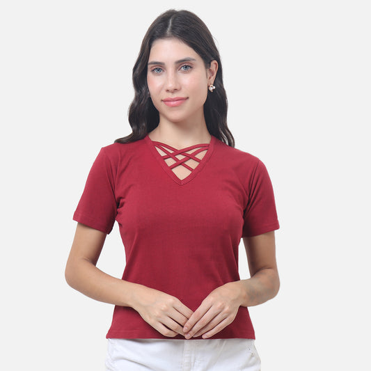 Elegant Maroon Criss-Cross Neck T-Shirt – Bold, Chic & Comfy