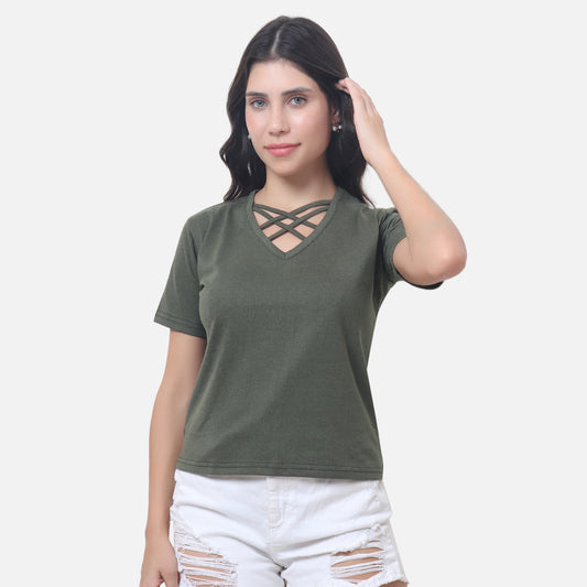Olive Green Criss-Cross Neck T-Shirt – Cool, Casual & Effortlessly Stylish