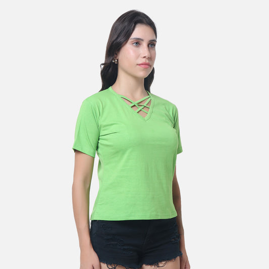 Women's Vibrant Green Criss-Cross Neckline T-Shirt