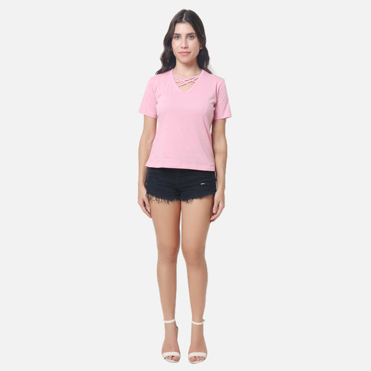 Women's Soft Pink Criss-Cross Neckline T-Shirt