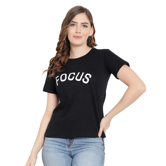 Women's Black Printed Round Neck Half Sleeves Cotton T-Shirt