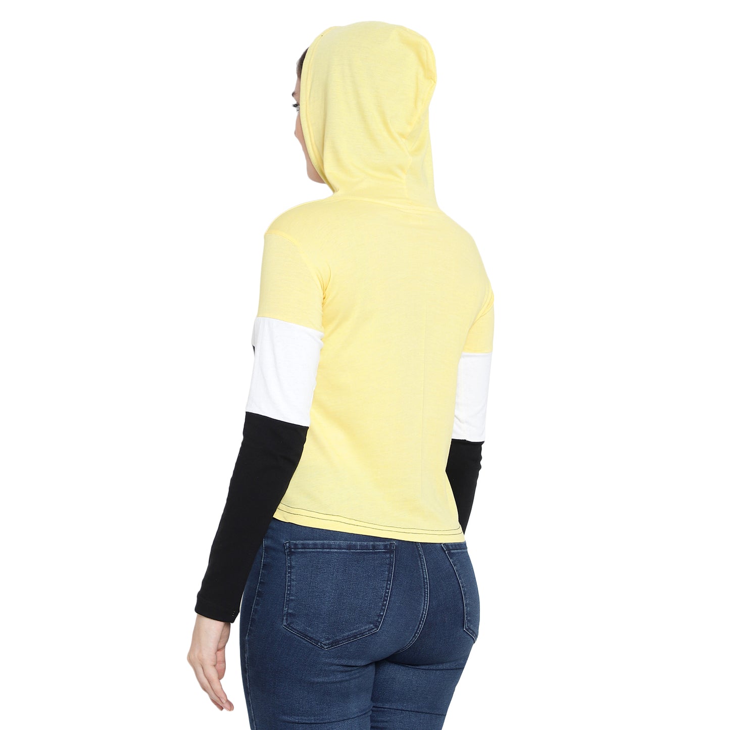 Women's Full-Sleeve Hoodie T-Shirt – Yellow Cotton Color Block Solid Tee