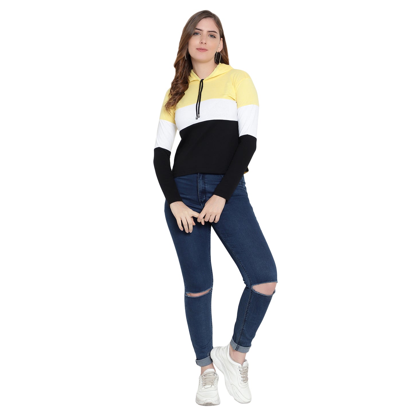 Women's Full-Sleeve Hoodie T-Shirt – Yellow Cotton Color Block Solid Tee