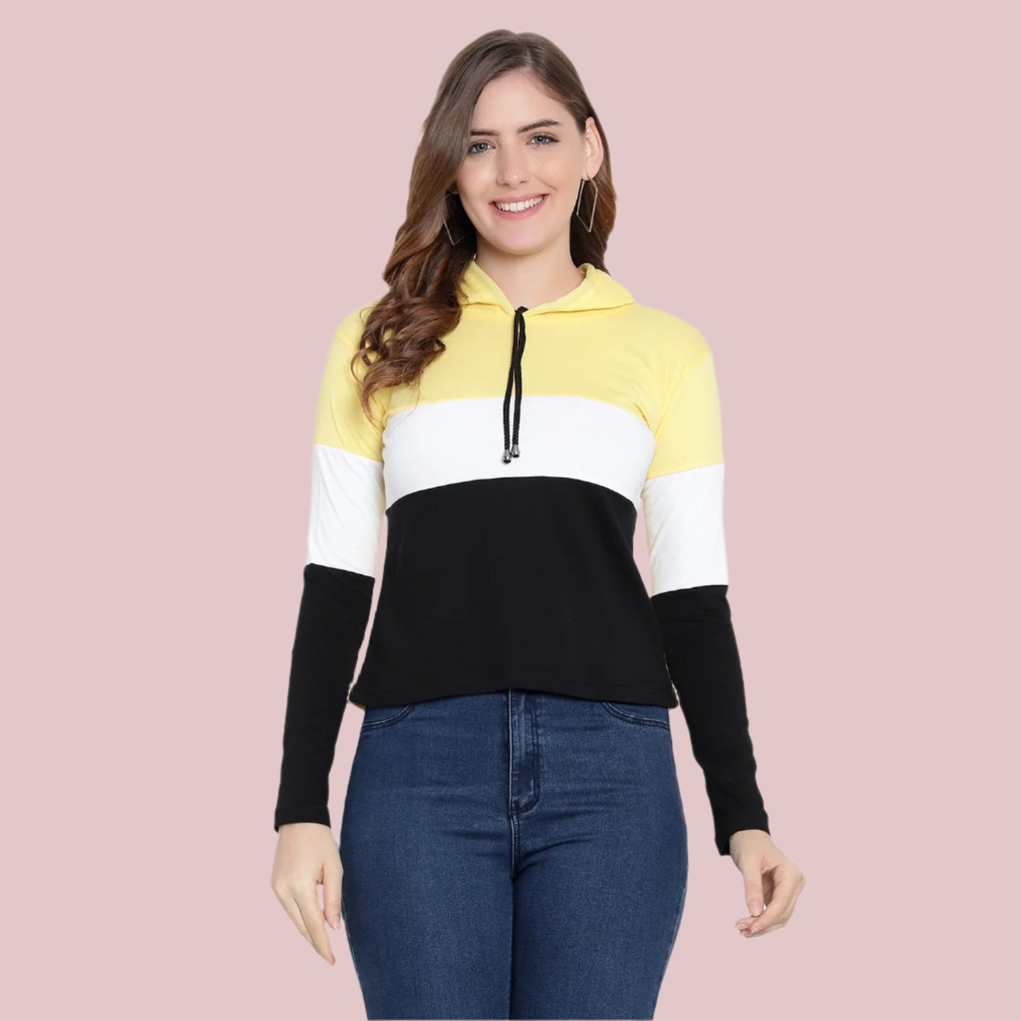 Women's Full-Sleeve Hoodie T-Shirt – Yellow Cotton Color Block Solid Tee