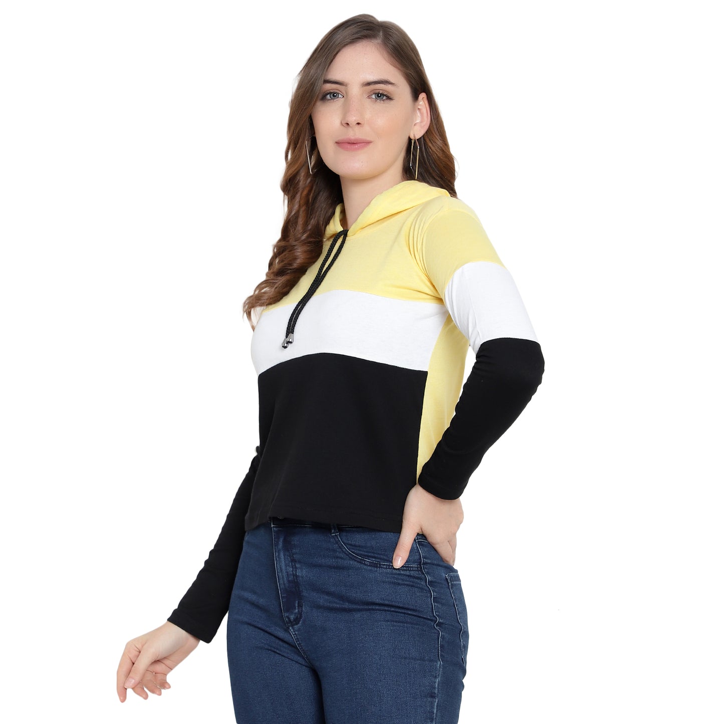 Women's Full-Sleeve Hoodie T-Shirt – Yellow Cotton Color Block Solid Tee