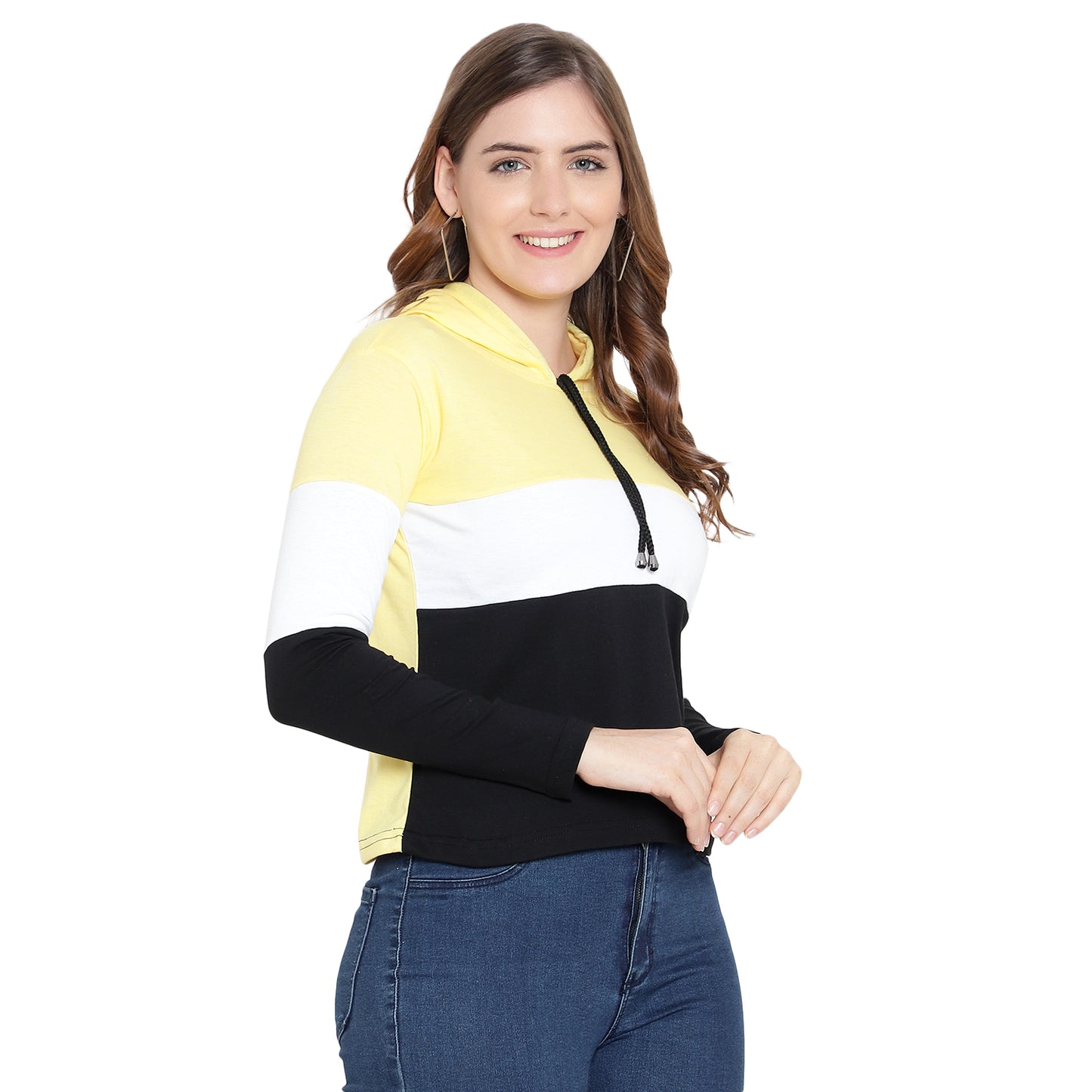 Women's Full-Sleeve Hoodie T-Shirt – Yellow Cotton Color Block Solid Tee