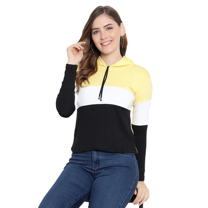 Women's Full-Sleeve Hoodie T-Shirt – Yellow Cotton Color Block Solid Tee
