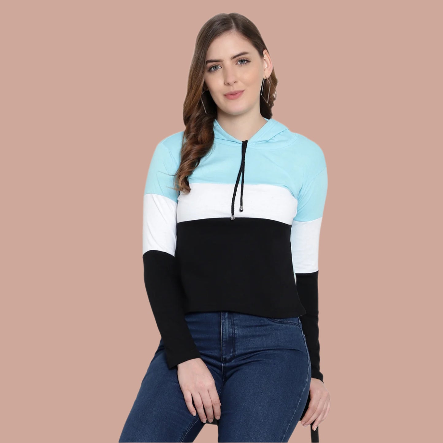 Women's Full-Sleeve Hoodie T-Shirt – Cotton Color Block Solid Tee