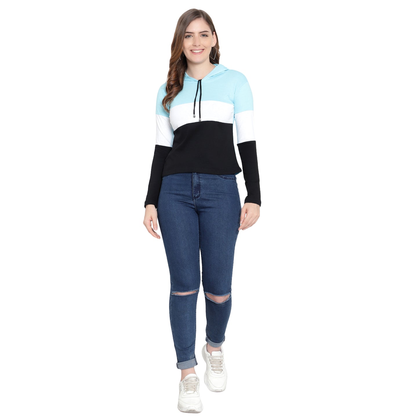 Women's Full-Sleeve Hoodie T-Shirt – Sky Blue Cotton Color Block Solid Tee