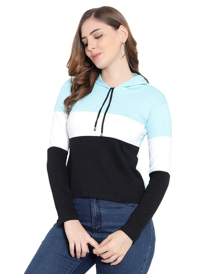 Women's Full-Sleeve Hoodie T-Shirt – Sky Blue Cotton Color Block Solid Tee
