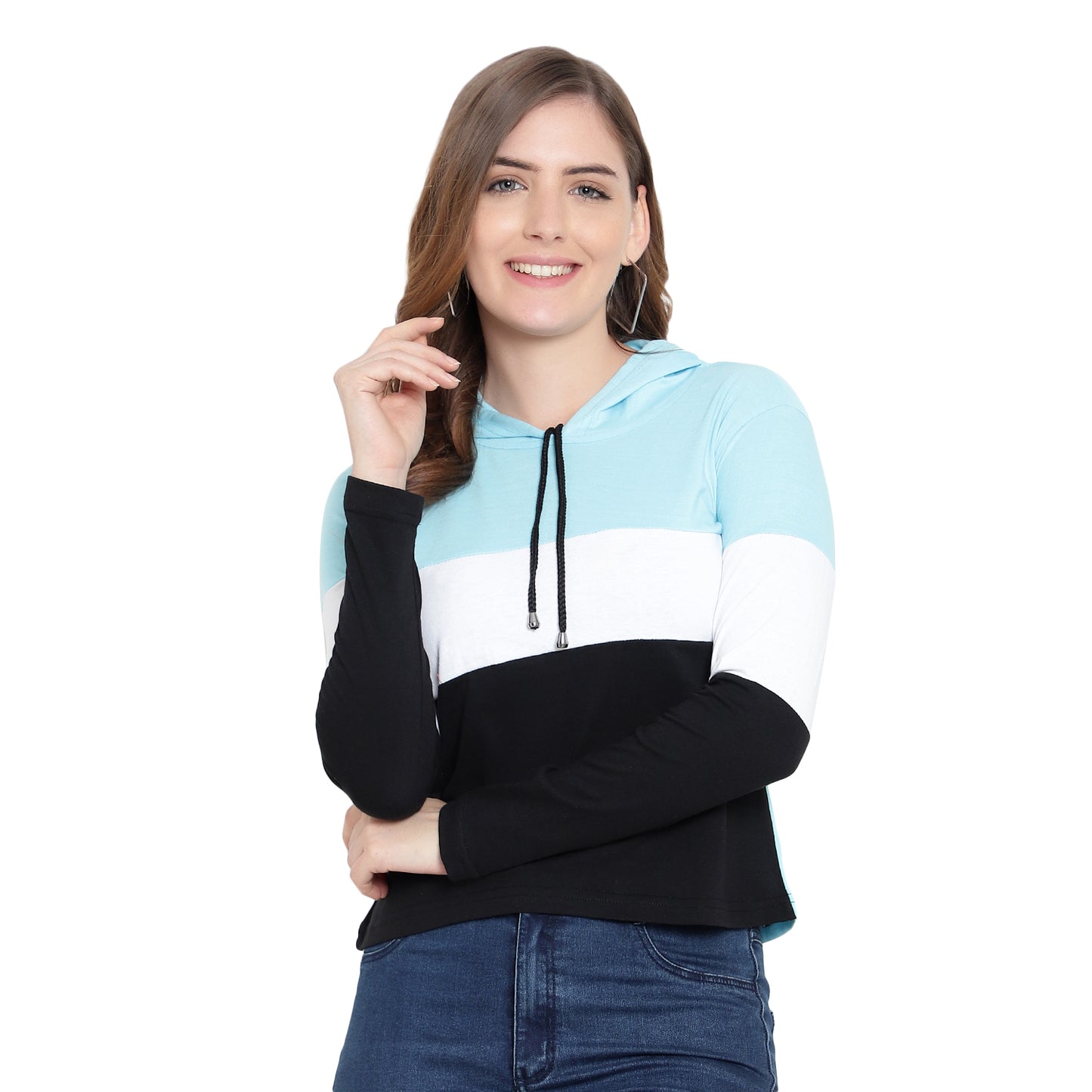 Women's Full-Sleeve Hoodie T-Shirt – Sky Blue Cotton Color Block Solid Tee