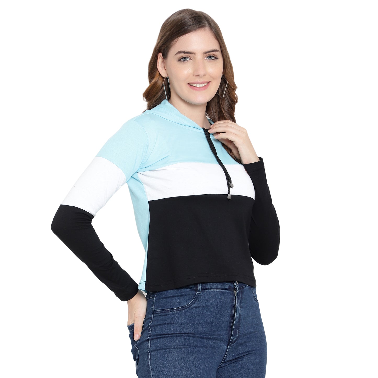 Women's Full-Sleeve Hoodie T-Shirt – Sky Blue Cotton Color Block Solid Tee