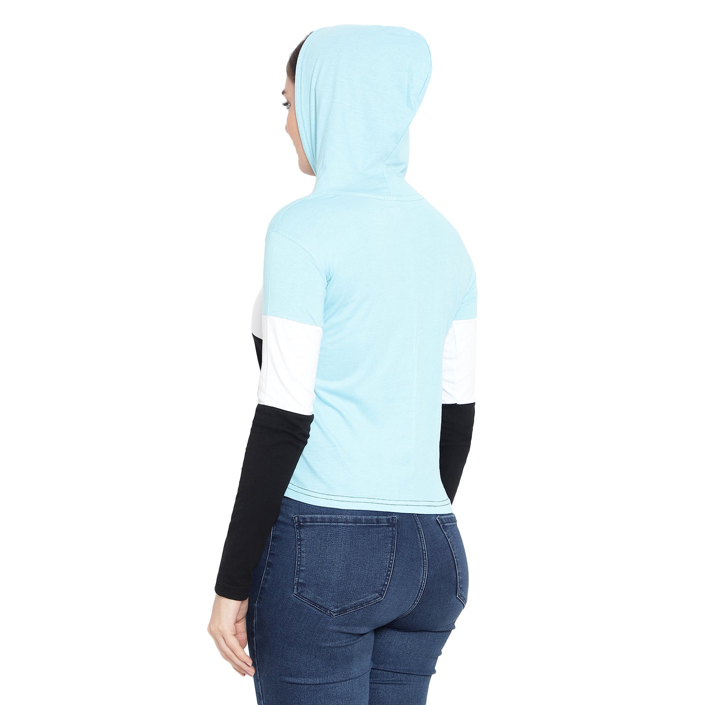 Women's Full-Sleeve Hoodie T-Shirt – Sky Blue Cotton Color Block Solid Tee