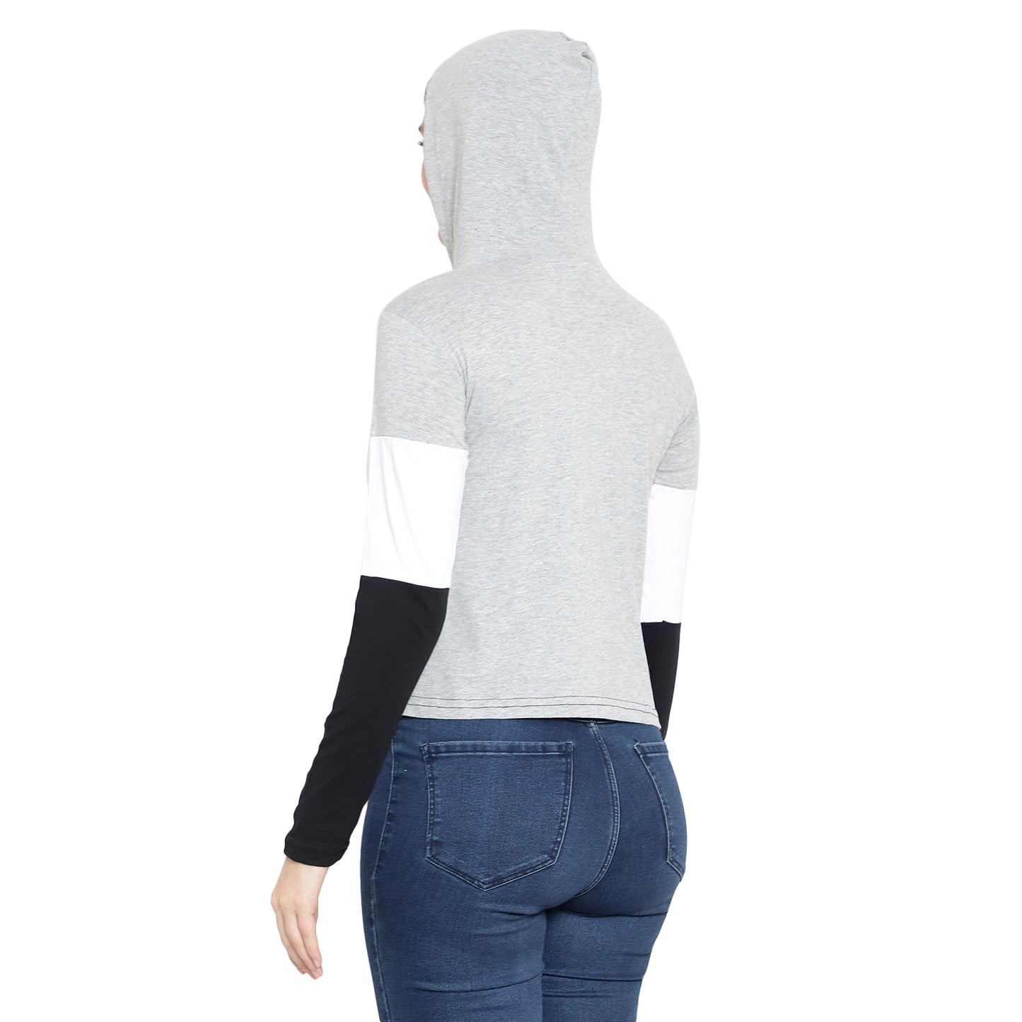 Women's Full-Sleeve Hoodie T-Shirt – Grey Cotton Color Block Solid Tee