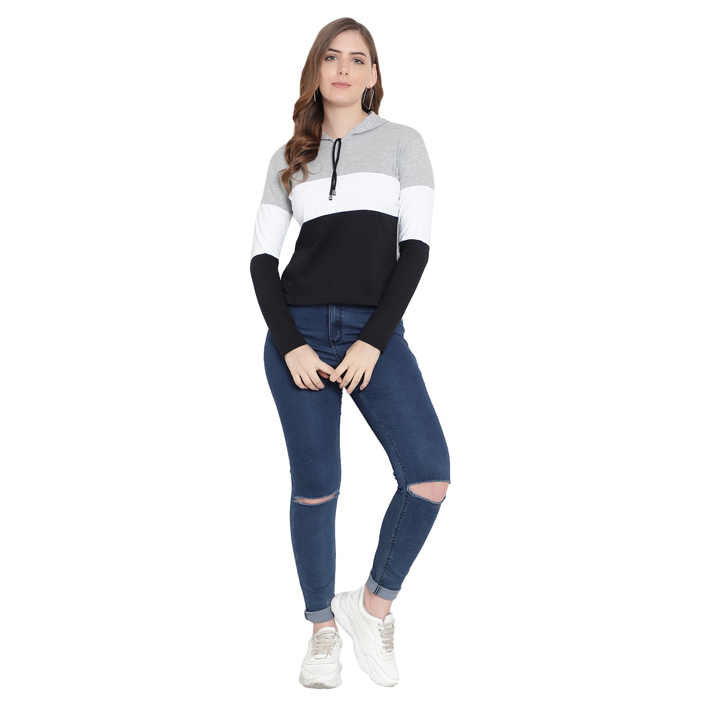 Women's Full-Sleeve Hoodie T-Shirt – Grey Cotton Color Block Solid Tee