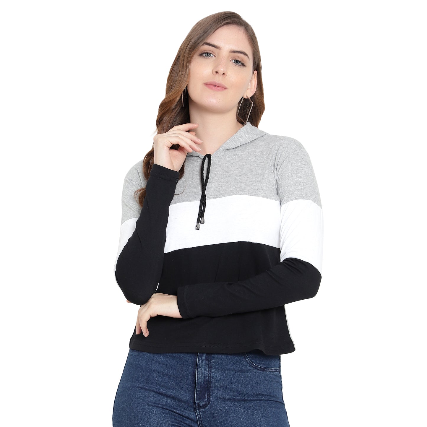 Women's Full-Sleeve Hoodie T-Shirt – Grey Cotton Color Block Solid Tee