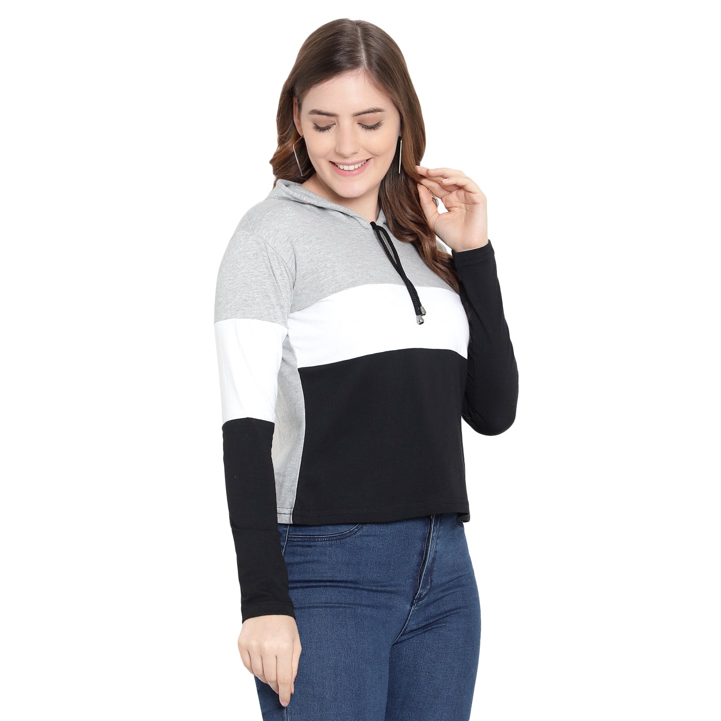 Women's Full-Sleeve Hoodie T-Shirt – Grey Cotton Color Block Solid Tee